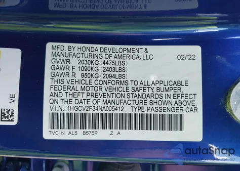 2022 Honda Accord Sport 2.0T from USA, damaged, VIN 1HGCV2F34NA005412